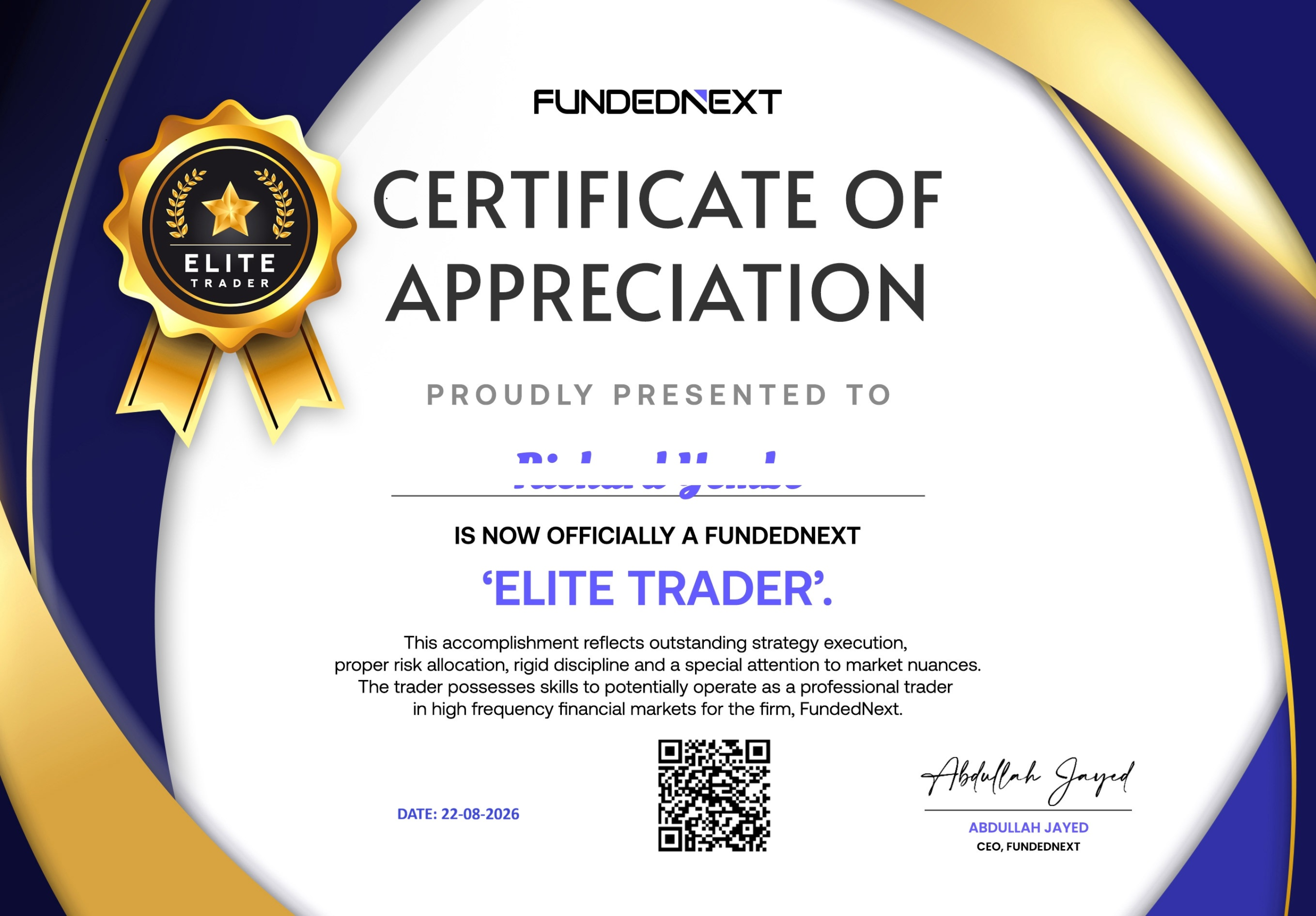 Passed Fundednext Certificate